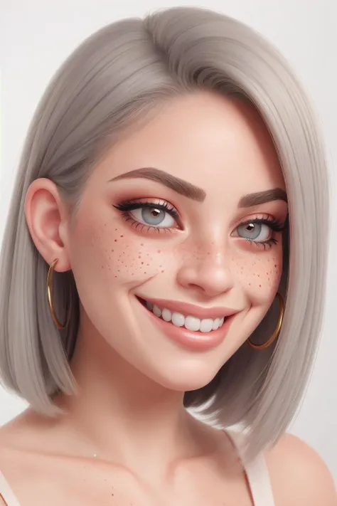 a woman with grey hair and freckled eyes smiles