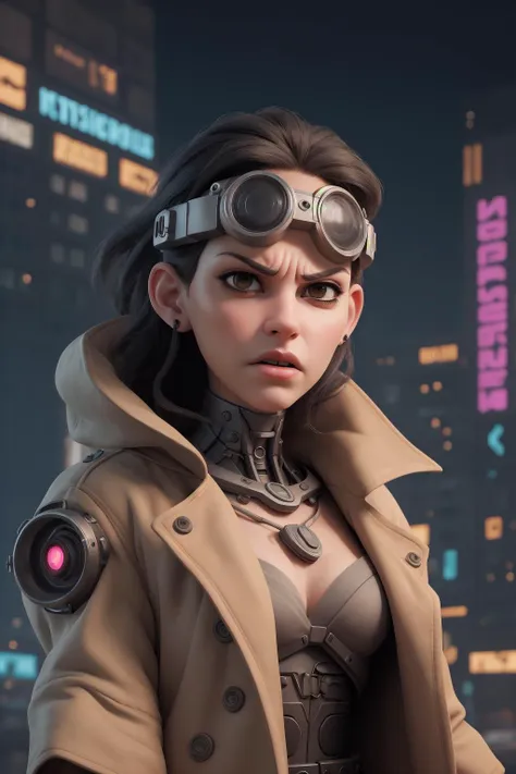 a woman in a trench coat and goggles stands in front of a city