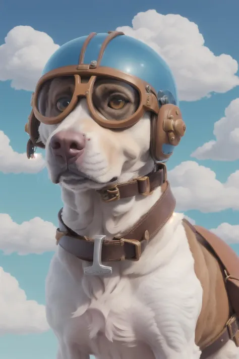 portrait of a dog flying a plane, leather pilots helmet, goggles, clouds and blue sky background