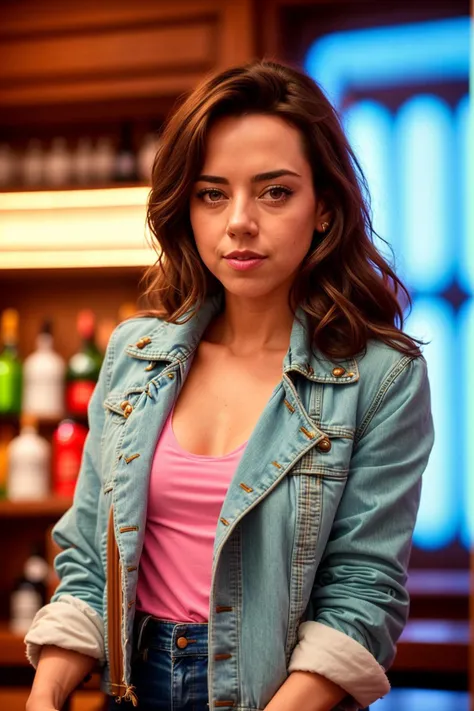 photo of aubreyplazav2-300 in a retro-futuristic bar with neon lights, smilling, close up, jean jacket, red shirt, blurry, (poor quality photo:1.3), (muted colors:1.1), (wood bar:1.2), (bottles of liquor:1.2), intricate background