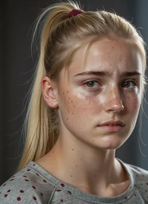 photo of a 20 years old girl with brown shiny eyes, blonde hair in a ponytail, deeply depressed expression, rounded cheeks with some freckles, fit strong body