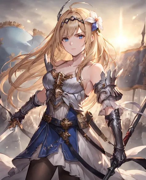 a woman with long blonde hair holding a sword and a sword