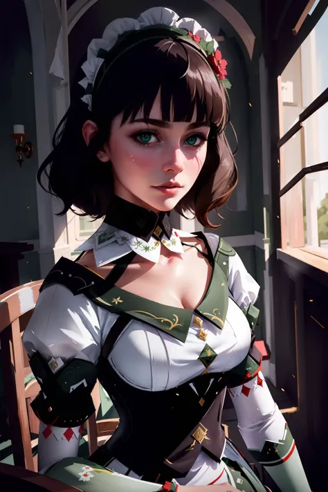 ((best quality, portrait, detailed face)), ((masterpiece)), (detailed), 1girl, Katheryne, bangs, maid, maid headdress, green dress, <lora:Katheryne:0.9>