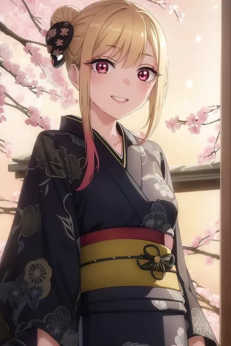 marinkitagawa, <lora:marinkitagawas1-lora-nochekaiser:1>, 
marin kitagawa, long hair, bangs, blonde hair, (red eyes:1.5), multicolored hair, smile, grin,
BREAK japanese clothes, kimono, bag, sash, obi, floral print, yukata, (black kimono:1.5), hair bun, si...