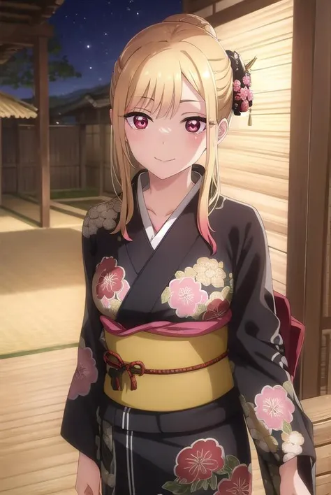 marinkitagawa, <lora:marinkitagawas1-lora-nochekaiser:1>, 
marin kitagawa, long hair, bangs, blonde hair, (red eyes:1.5), multicolored hair, smile, grin,
BREAK japanese clothes, kimono, bag, sash, obi, floral print, yukata, (black kimono:1.5), hair bun, si...