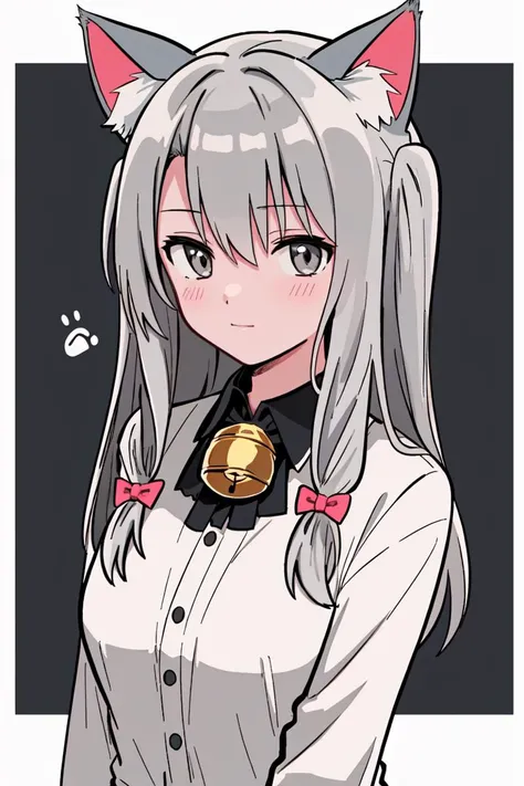 skistyle, 1girl, solo, animal ears, long hair, looking at viewer, bell, upper body, bangs, closed mouth, animal ear fluff, hair between eyes, grey eyes, blush, grey hair, cat ears, neck bell, shirt