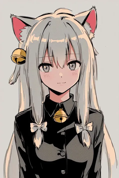 skistyle, 1girl, solo, animal ears, long hair, looking at viewer, bell, upper body, bangs, closed mouth, animal ear fluff, hair between eyes, grey eyes, blush, grey hair, cat ears, neck bell, shirt,