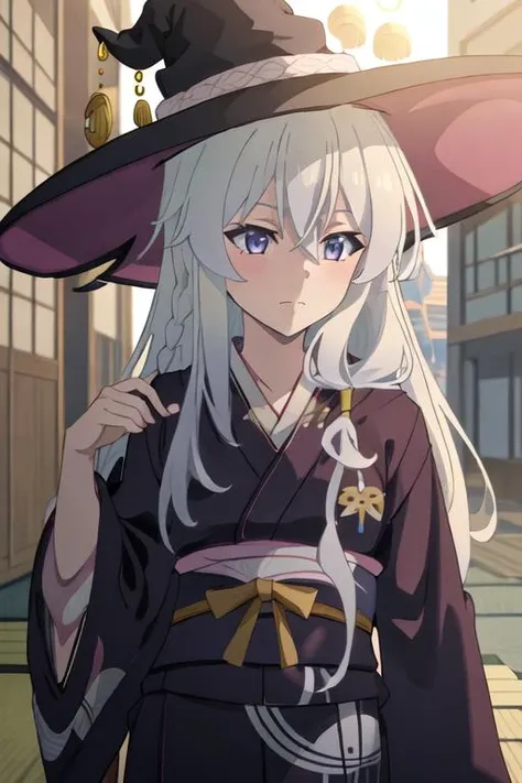 best quality, masterpiece, highres, solo, {yukata:1.40}, {kimono:1.20}, {elaina_majonotabitabi:1.15}, long_hair, bangs, hair_between_eyes, blue_eyes, closed_mouth, grey_hair, bow, white_hair, hat, witch_hat, black_headwear, purple_eyes