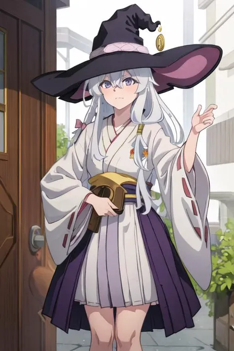 best quality, masterpiece, highres, solo, {white kimono:1.35}, {red hakama:1.35}, {wide sleeves:1.20}, {elaina_majonotabitabi:1.15}, long_hair, bangs, hair_between_eyes, blue_eyes, closed_mouth, grey_hair, bow, white_hair, hat, witch_hat, black_headwear, p...