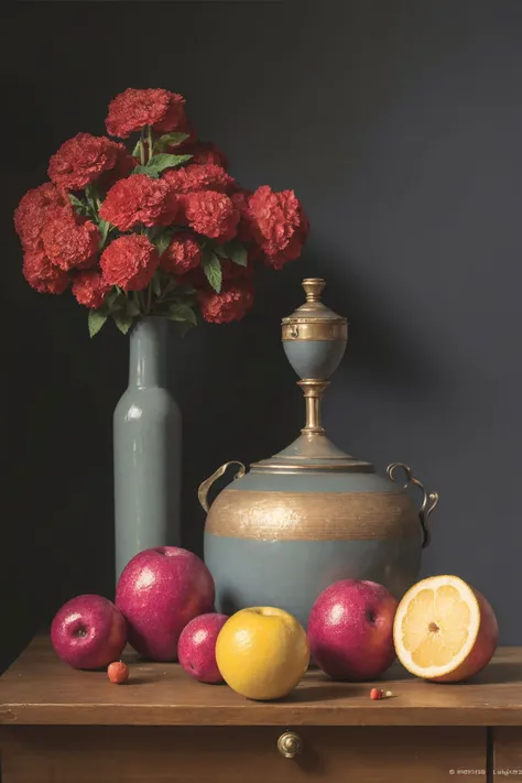 there is a vase of flowers and fruit on a table