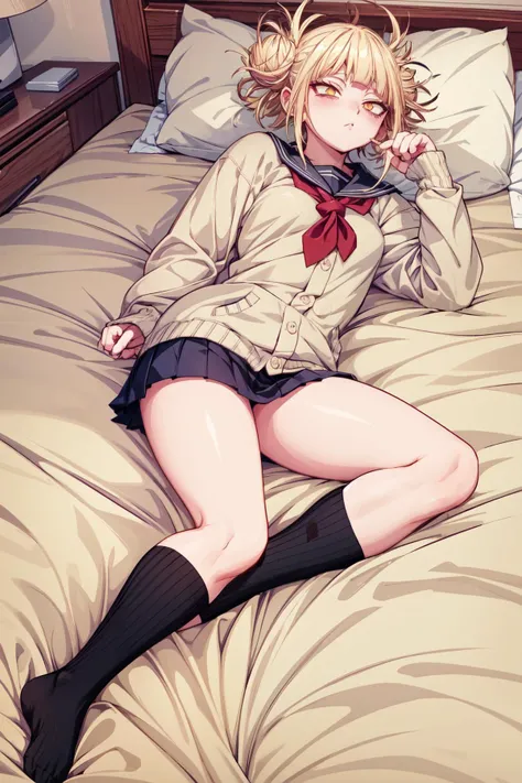 1girl,himiko toga,blonde hair,yellow eyes,small iris,laying,lay on bed,(messy hair),socks,good hand,good finger,good anatomy,masterpiece,extremely detailed CG unity 8k wallpaper, best quality,32k,focus sharp, <lora:TogaHimikoLoRA:0.8>, <lora:add_detail:1>