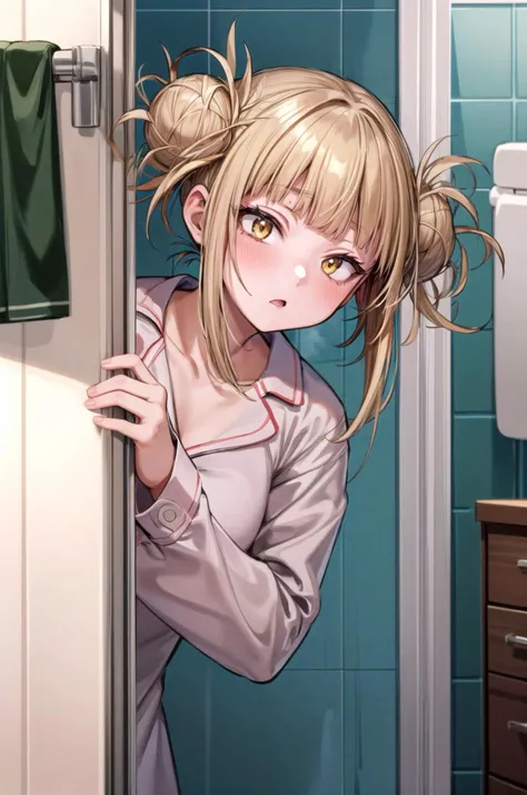 (masterpiece, best quality, detailed), 1girl, solo, 1girl, toga himiko,
pajamas, sleepy, nightcap, indoors, bathroom, tile wall, bathtub, sink, <lora:peeking_out_upper_body_pruned:1.2>, peeking out upper body, opening door