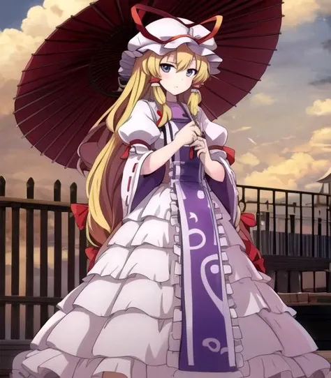 (masterpiece, best quality, high quality, highres, ultra-detailed), 1girl, solo, phantasm-kaleidoscope, <lora:memories_of_phantasm_style-000023:1.05>, yakumo yukari, black eyes, tsurime, tabard, frilled dress, standing, holding_parasol