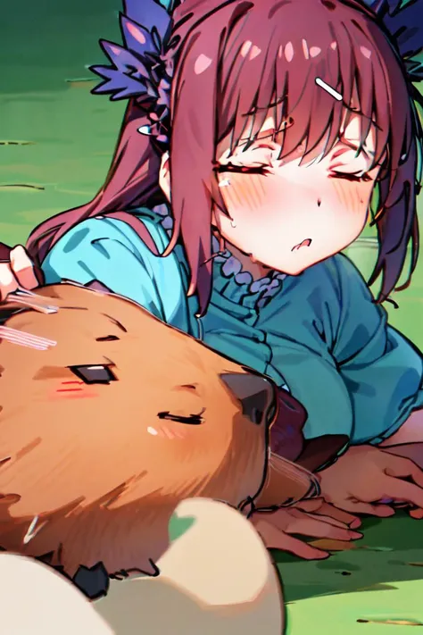 anime girl laying on the ground with a teddy bear