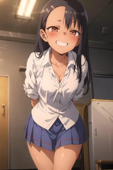 anime girl in a school uniform standing in a room