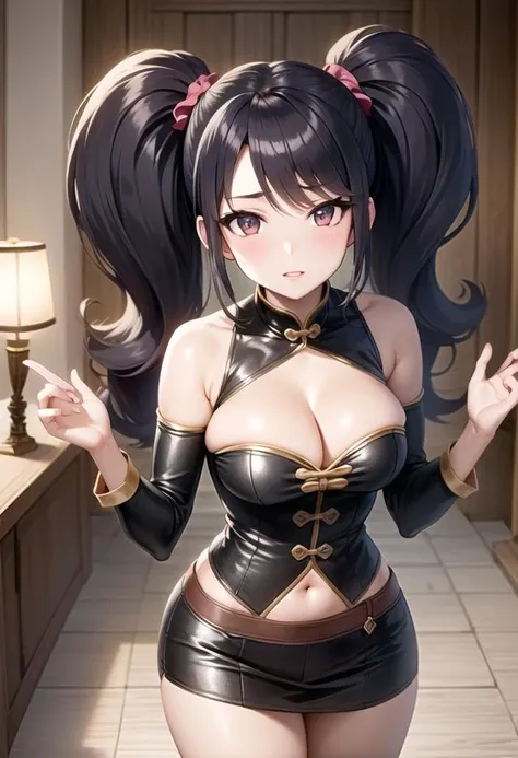 beautiful lighting, best quality, masterpiece, intricate detail, detailed background, shining skin, shining body, (shiny skin:1.2), (mid shot:1.2), wide hips, (1girl:1.4), (fantasy:1.5), black hair, wavy hair, mega twintails, big hair, very long hair,  det...