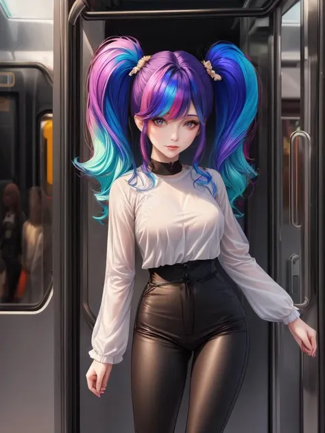 a woman with blue and purple hair standing in a train