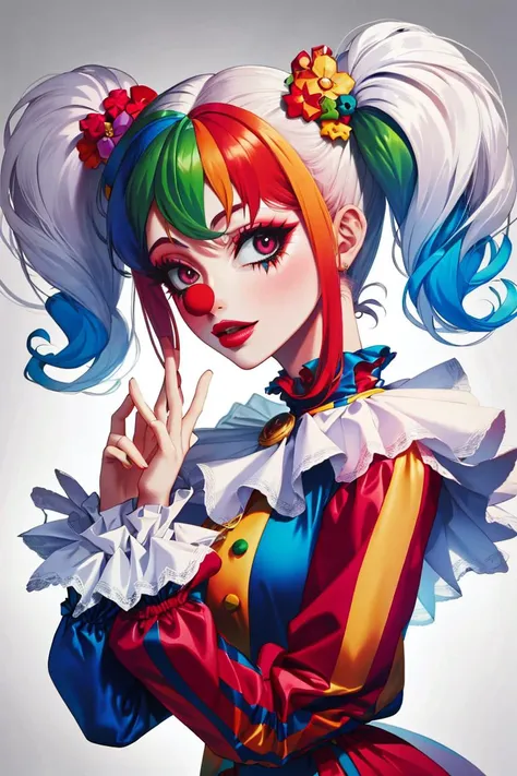 a close up of a woman with a clown makeup and a clown costume