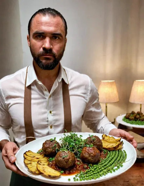 iphone photo a comoran man carries a dinner of meatballs with a microgreens garnish, fried plantain and peas on a plate on a pla...