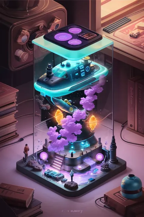 iunderwater space city submarine,steam,blue purple neon,a miniature, Chris LaBrooy, detailed illustration, microverse_creator  <lora:microverse_creator:0.65>,cyberpunk style,