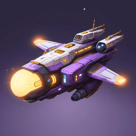 big purple spaceship, barren planets background, cannons <lora:CuteSpaceships:0.8>,