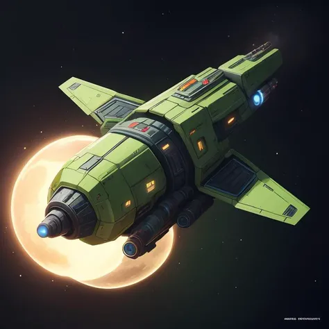 big green spaceship,barren planets background,cannons ,<lora:CuteSpaceships:0.8>,