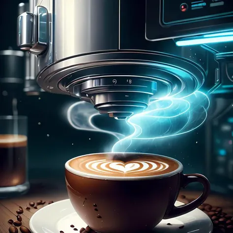 (masterpiece, top quality, best quality, official art, beautiful and aesthetic:1.2),antitech,light particles, coffee machine , detailed background, scifi, <lora:AntimatterTech-20:1>