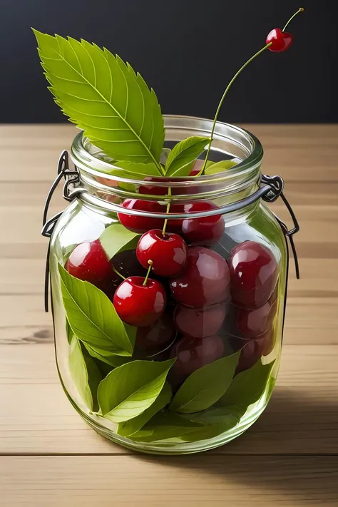 jar of pickled cherry, green leaves