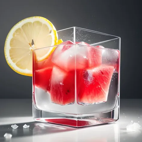 an ice cube with a slice of watermelon in it,lemonade,one ice cube,ice,defence,lemon,cold drinks,whiskey glass with ice cubes,ice cubes,with lemon skin texture,melting 4d cubes,vodka,cherry,cubes of ice around,protection,clean image,ice sculpture,wearing a...