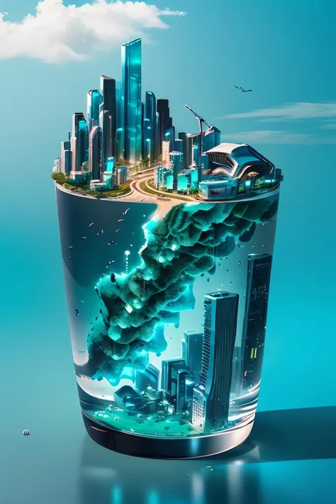 mini(ttp), (8k, RAW photo, best quality, masterpiece:1.2),Ecological technology city In a crystal cup, cyberpunk light, sky,cloud,Clear air, Sunlight at 7 am,Miyazaki Hayao,TRANSPORTATION, ARCHITECTURE, isometric, miniature, landscape, (Cyan hue:1.3),(clos...