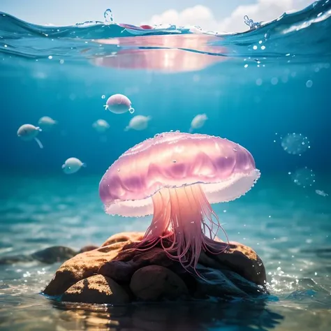 poster,a few jellyfish,no humans,water splashing,food focus,depth of field,blurry,(simple background), masterpiece,best quality, SGST <lora:æ°´æçµåæå½±_v1.0:0.4>