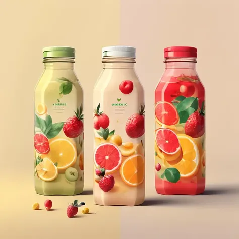 package design, juice bottle, plastic bottle, bottle, simple background,, fruit print,  <lora:pack_design:0.8>