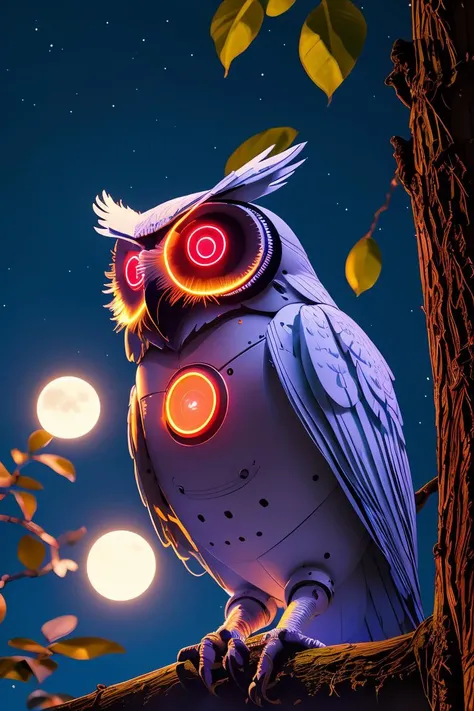 masterpiece, high quality, a robot owl,neon lights, in a tree, at night, moon  <lora:J_sci-fi-v1.0:0.8> j_sci-fi