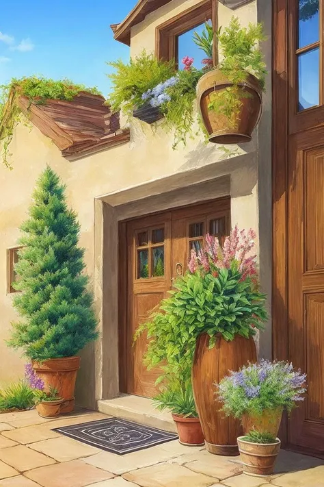 no humans, plant, window, potted plant, house, door, scenery, outdoors, traditional media, flower pot, building, pillow, (illustration:1.0), masterpiece, best quality, <lora:Pastel color_20230816152956:0.9>