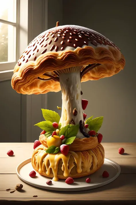 huge mushroom made out of pastry, fruits, in mystical forres <lora:ral-pastry-sd15:0.8>