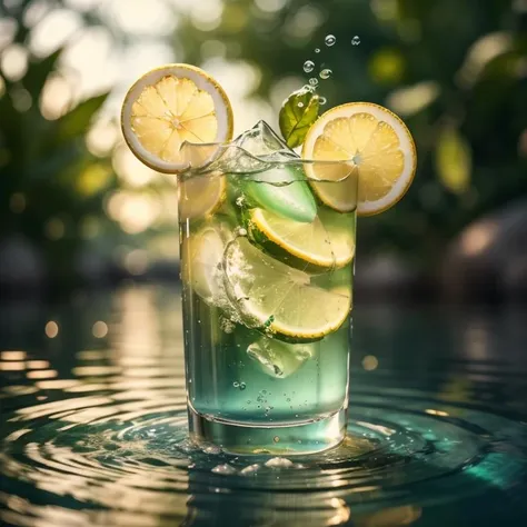 there is a glass of water with lemon slices and a slice of lime