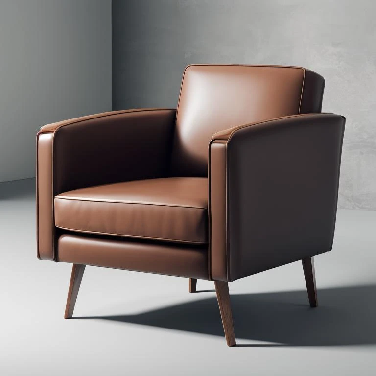 a brown leather chair with wooden legs and a brown seat