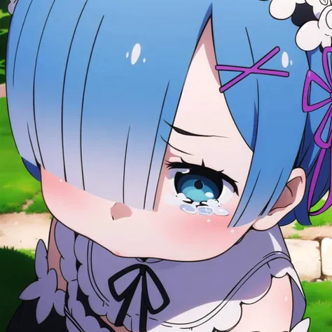 <lora:Oni_Sisters_v2-000026:0.9>, remrin, chibi, blue hair, hair over one eye, medium breasts, maid, purple ribbon, maid headdress, roswaal mansion maid uniform, white apron, detached sleeves, sad, tears, sadly face, from above, close-up, <lora:sadly face:...