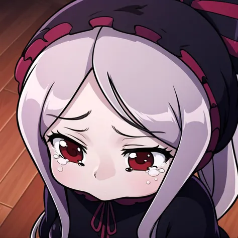 <lora:ShalltearV3333-000023:0.7> shalltear, chibi, gray hair, red eyes, bonnet, hair bow, ponytail, black dress, long sleeves, sad, tears, sadly face, from above, close-up, <lora:sadly face:1>