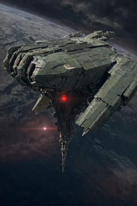 a large spaceship flying over a planet with a red light