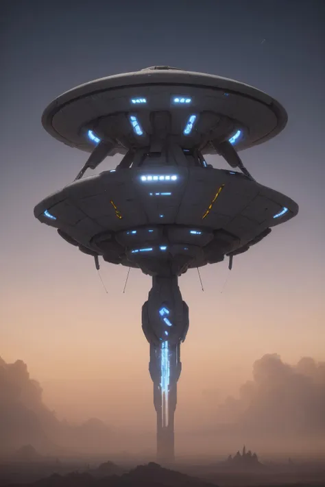 a futuristic spaceship flying over a desert area with a sky background