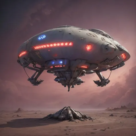 a futuristic spaceship flying over a desert with a mountain in the background