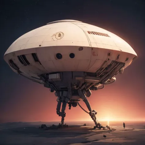 a large white spaceship sitting on top of a sandy beach