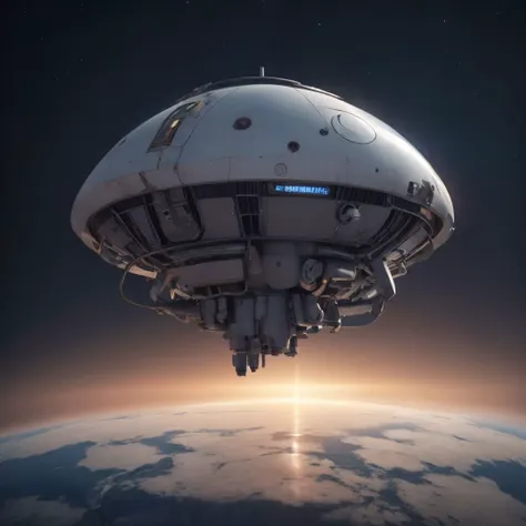 a futuristic spaceship flying over the earth in space