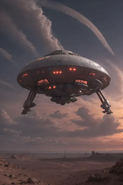 a large alien spaceship flying over a desert area with a sunset in the background