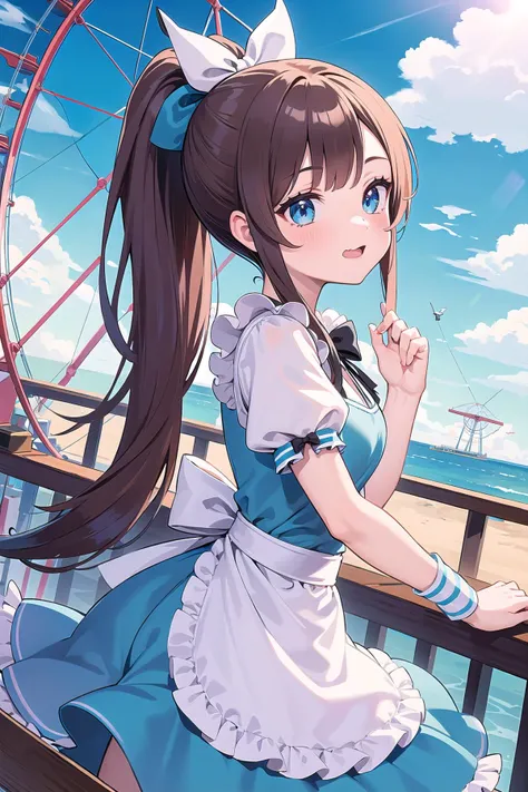 a woman in a maid outfit standing on a pier next to a ferris wheel