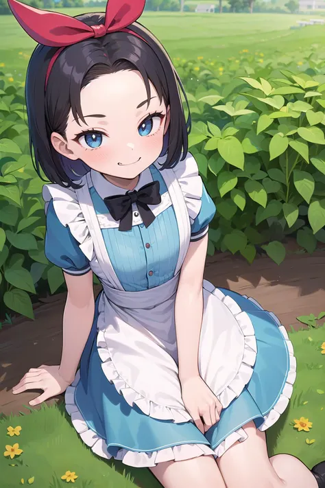 best quality, ultra-detailed, (1girl, solo,<lyco:alice_in_wonderland_outfit-v1:1>,aliceinwonderlandoutfit, , bangs, smirk,shape-up hair, on a farm)