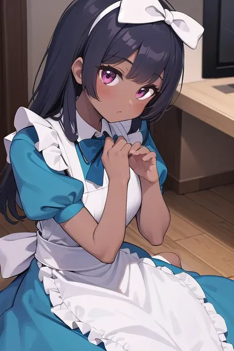 anime girl in a blue dress sitting on the floor