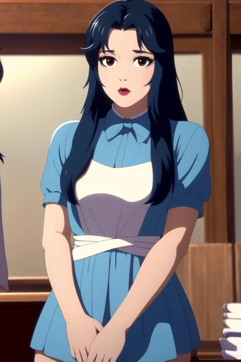 anime girl in blue dress standing in front of a mirror