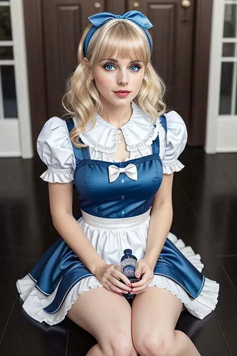 Alice taking a sip from a small bottle, sipping, small bottle, mature female, Adult woman, sexy, 30 year old, solo, high quality,aliceinwonderlandoutfit, Alice in wonderland, DisneyAlice, full body, bleach blond hair, straight bangs, concave bangs, brown e...